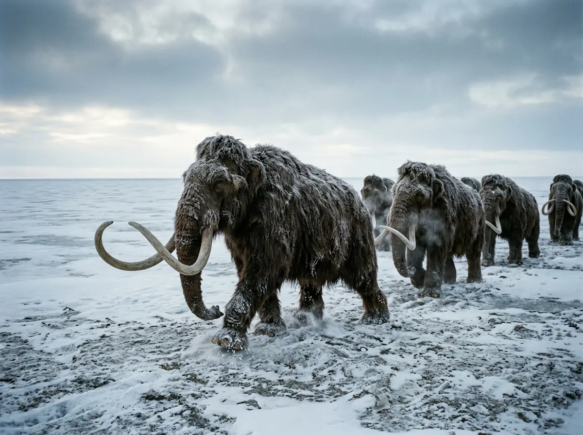Mammoths roam an icy tundra