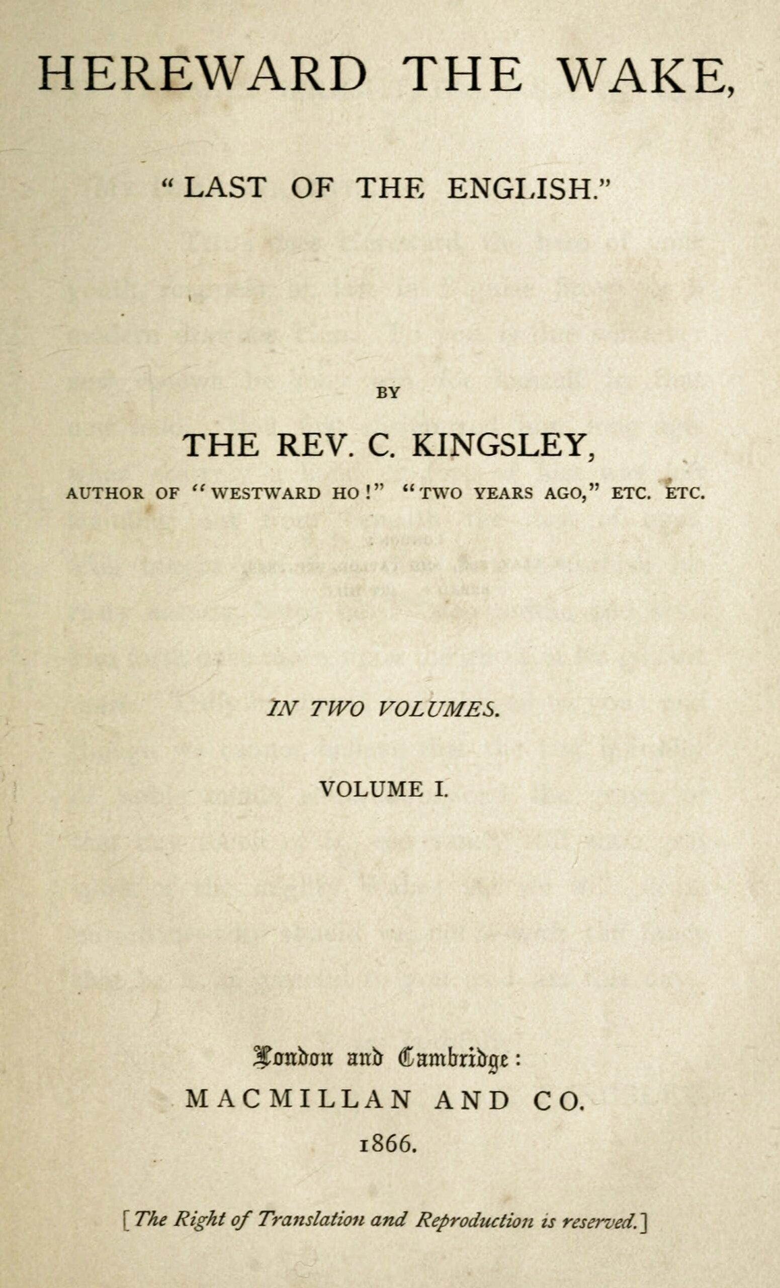 First edition of Hereward the Wake by Charles Kingsley