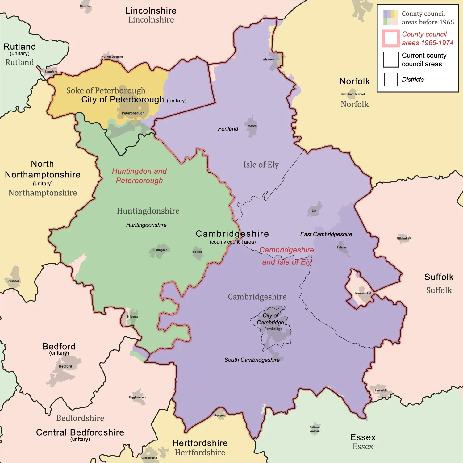 Map showing historical administrative boundaries around modern Cambridgeshire and Peterborough