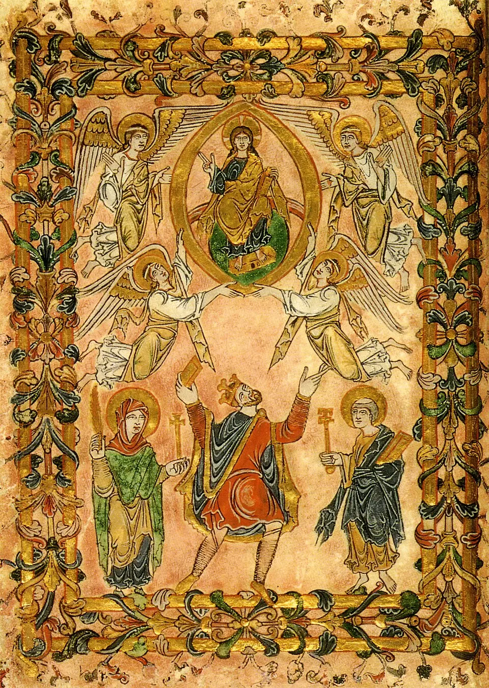 King Edgar offering the New Minster Charter to Christ in the illuminated frontispiece of 966
