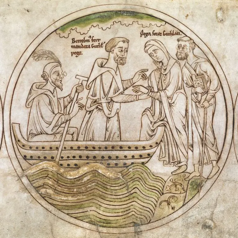 Medieval depiction labelled Pega soror Guthlaci, Pega sister of Guthlac