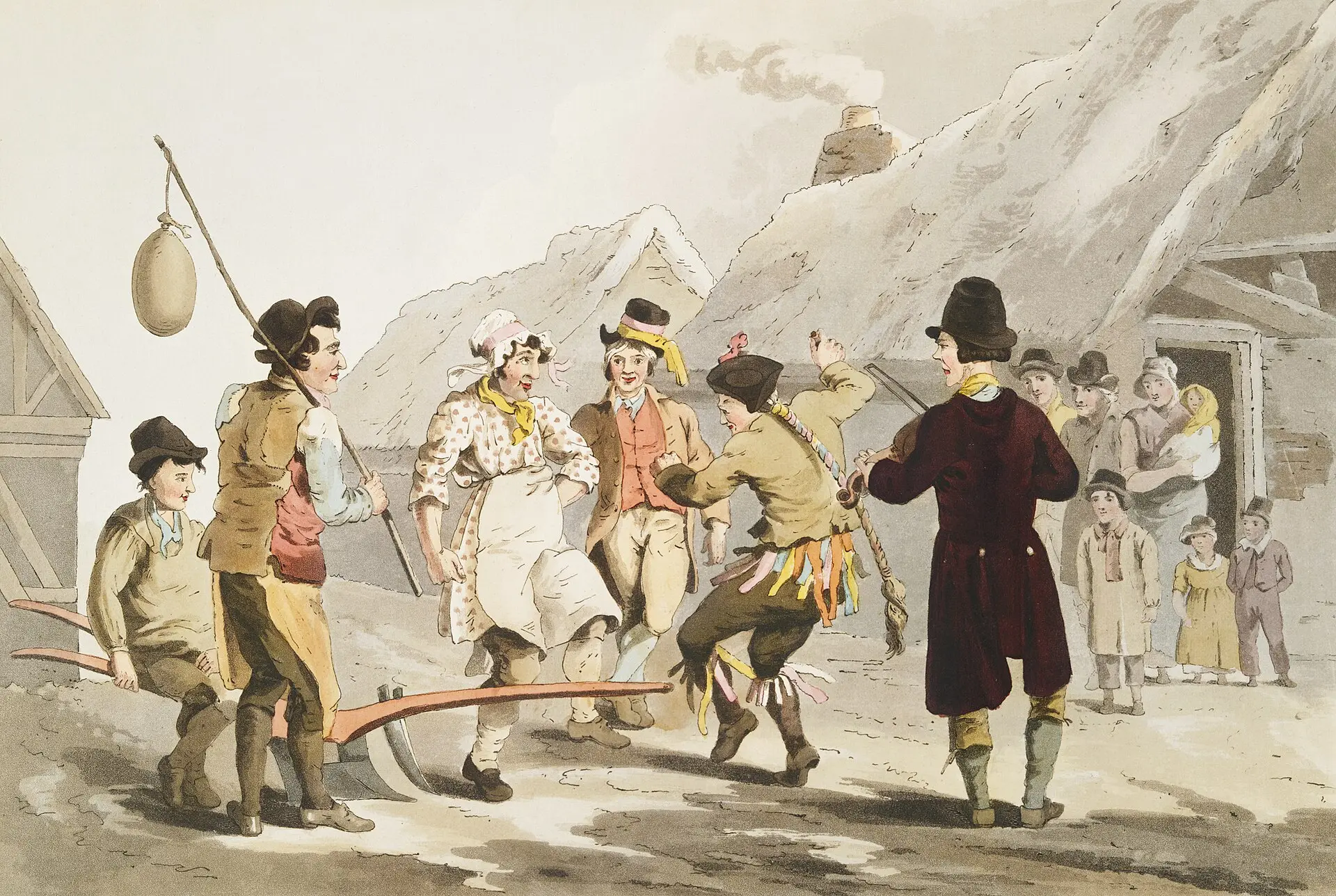 Historic illustration of a Plough Monday procession with a decorated plough