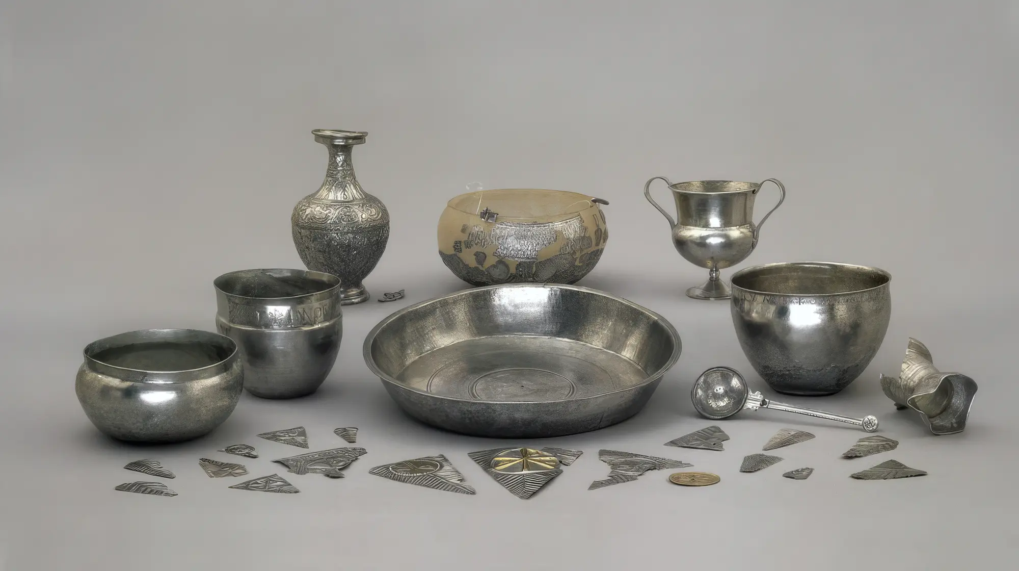 Silver vessels and Christian objects from the Water Newton Treasure