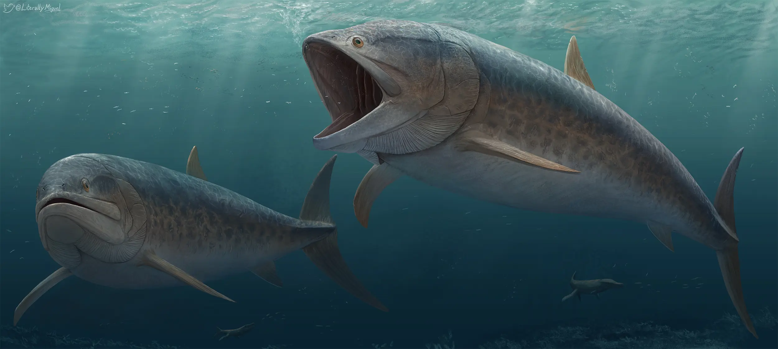 Life reconstruction of Leedsichthys problematicus in a Jurassic sea