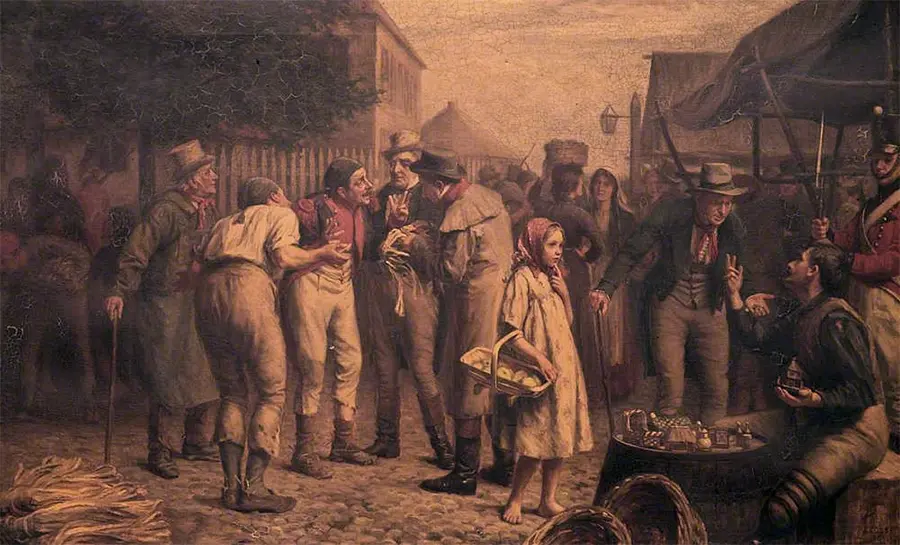 Historic illustration of traders dealing with prisoners at Norman Cross