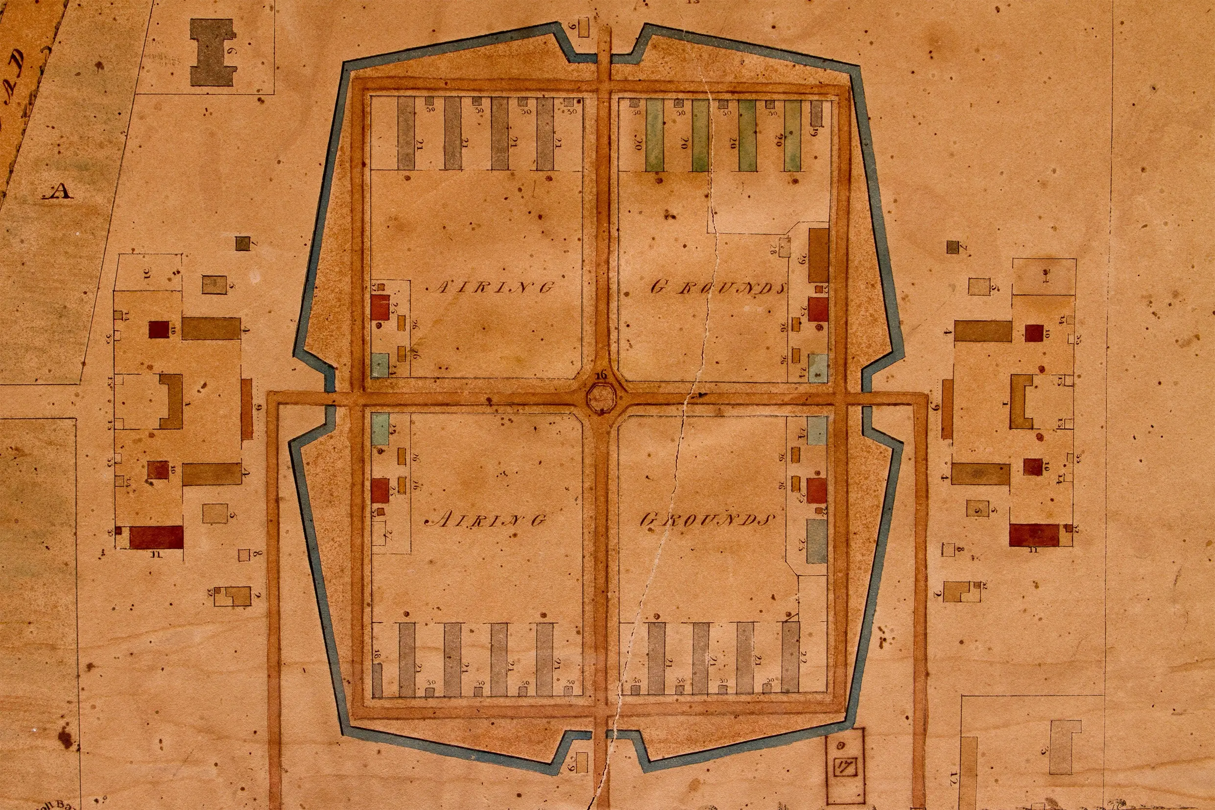 Historic plan of Norman Cross prisoner of war depot showing four compounds and central crossing