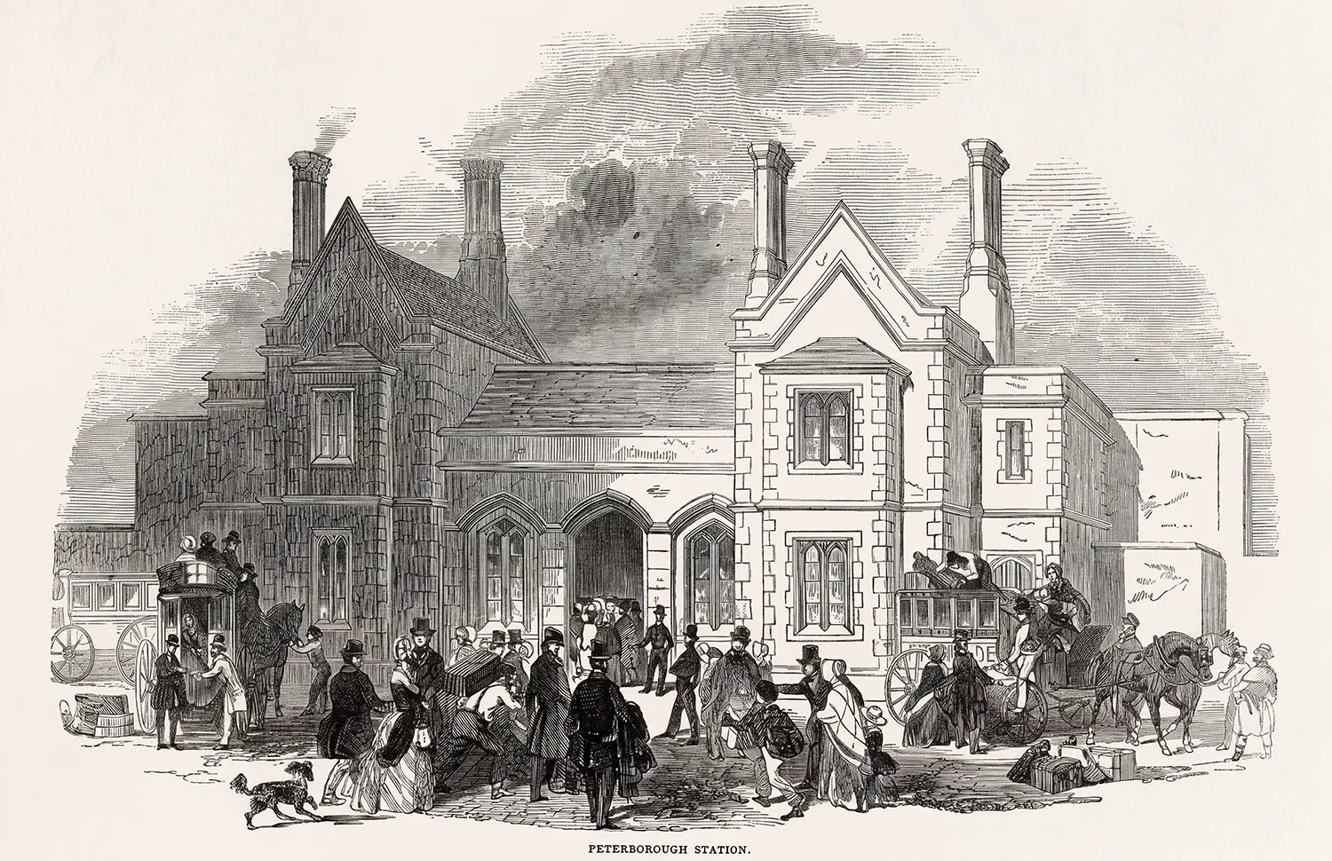 Illustration of Peterborough's first railway station in 1845