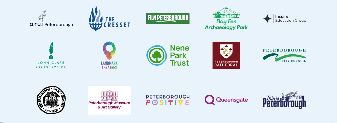 Peterborough Tourist Board partner organisations including ARU Peterborough, The Cresset, Film Peterborough, Flag Fen Archaeology Park, Inspire Education Group, John Clare Countryside, Landmark Theatres, Nene Park Trust, Peterborough Cathedral, Peterborough City Council, Peterborough Civic Society, Peterborough Museum and Art Gallery, Peterborough Positive, Queensgate and This is Peterborough